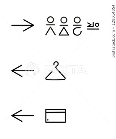 Set of simple vector icons: directions, people, hanger, and card in black outline style. 129014054