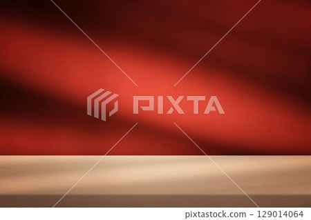 Concrete Table with Light Beam and Shadow on Red Wall Background Concrete Table with Light Beam and Shadow on Red Wall Background 129014064