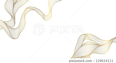 Vector golden line wave frame, curve premium art background. Luxury ocean banner, could backdrop, modern texture. Elegant glitter organic elements, leaves. 129014111