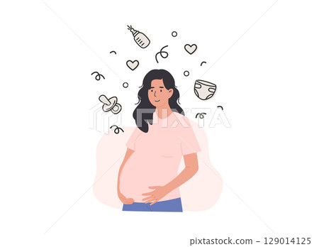 Happy pregnant woman preparing for baby with excitement. Essential newborn items. Baby registry shopping. Flat style vector illustration isolated on white background. 129014125