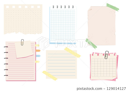 Different note papers, memo pages with paper clip and adhesive tape. Set sticky remind blanks, sheets, stickers. Checklist ripped torn edge paper. 129014127