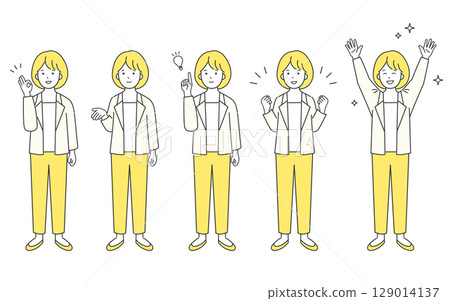A simple image of a smiling business person, full body. Positive illustration material set. Positive, happy, solution. 129014137