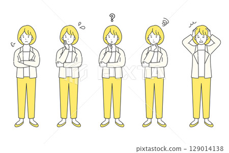 A simple image of a worried business person's whole body. Negative illustration material set. Confused, anxious, stressed facial expressions. A simple image of a worried business person's whole body. Negative illustration material set. Confused, anxious, stressed facial expressions. 129014138