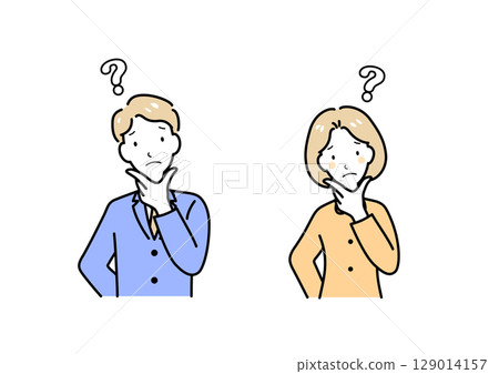 A man and a woman thinking with their hands on their chins A man and a woman thinking with their hands on their chins 129014157