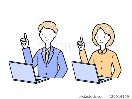 Good sign men and women in front of the computer 129014169