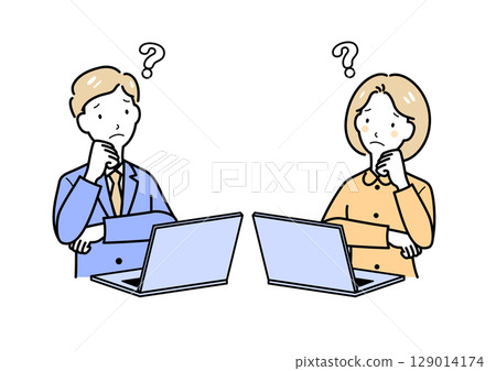 A man and a woman facing each other and worrying in front of a computer A man and a woman facing each other and worrying in front of a computer 129014174