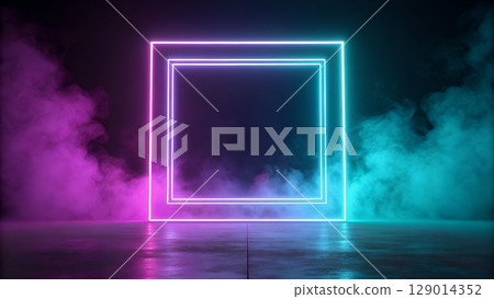 Stunning neon frame glowing in vibrant purple and blue smoke filled space for modern futuristic design 129014352