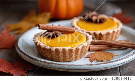Mini pumpkin pies on rustic plate with autumn leaves 129014412