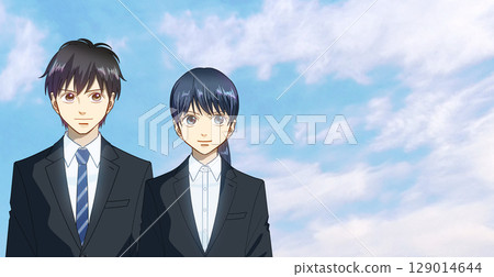 一幅動漫風格的插圖，描繪了一對男女扮演的學生或工作成年人的角色，右側留有空白 129014644