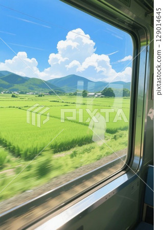 Illustration material: Summer rural scenery seen from the train window 129014645