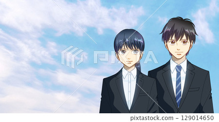 一幅動漫風格的插圖，描繪了一名男子和一名女子扮演的學生或工作成年人的角色，左側有空白 129014650