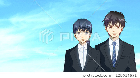 一幅動漫風格的插圖，描繪了一名男子和一名女子扮演的學生或工作成年人的角色，左側有空白 129014651