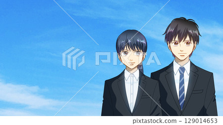 An anime-style illustration of a man and woman in a student or working adult group against a wide blue sky, with space to the left 129014653