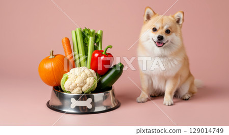 Pomeranian dog next to bowl of fresh vegetables. Healthy pet food, organic nutrition, and pet wellness. 129014749