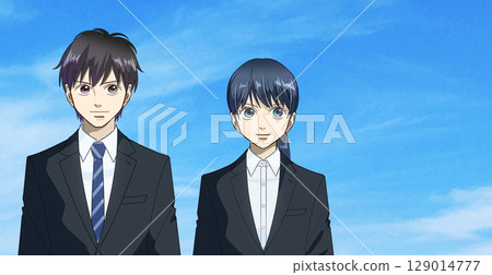 An anime-style illustration of male and female students or working adults lined up against a wide blue sky, with white space on the right 129014777