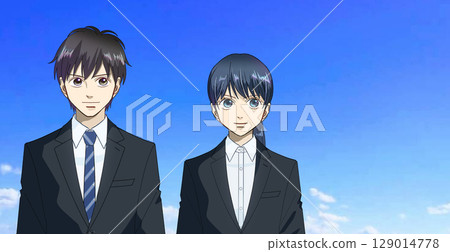 An anime-style illustration of male and female students or working adults lined up against a wide blue sky, with white space on the right An anime-style illustration of male and female students or working adults lined up against a wide blue sky, with white space on the right 129014778