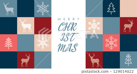 christmas greeting card with trees and snowflakes vector illustration 129014822