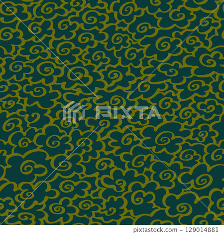 Seamless vector pattern with golden auspicious Asian clouds on dark green, ideal for fabric or book endpapers Seamless vector pattern with golden auspicious Asian clouds on dark green, ideal for fabric or book endpapers 129014881