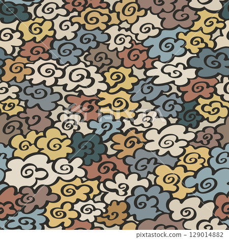 Hand drawn seamless Asian cloud pattern in soft warm colors for fabric and gift wrap 129014882