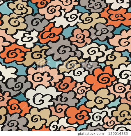 Hand drawn seamless Asian clouds pattern in soft Japanese ukiyoe colors for fabric or wallpaper Hand drawn seamless Asian clouds pattern in soft Japanese ukiyoe colors for fabric or wallpaper 129014883