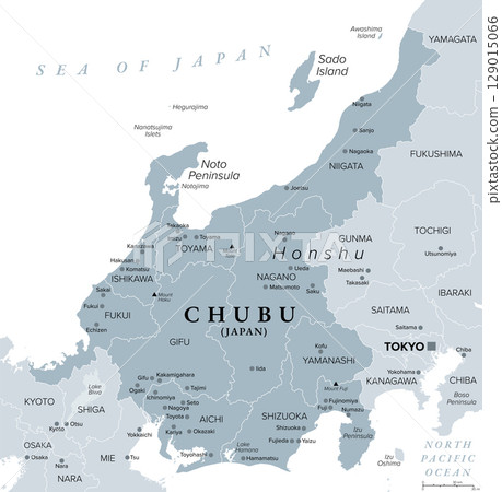 Chubu, region of Japan, gray political map. Also the Central Region or Central Japan, a region in the middle of main island Honshu, encompassing nine prefectures. Map with capitals and largest cities. 129015066