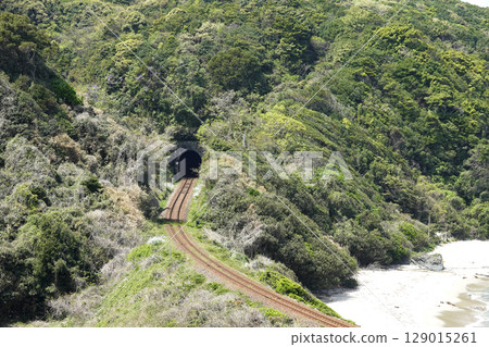Railway tunnel and tracks on the mountain slope visible from the observation deck 129015261
