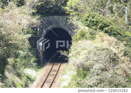 Railway tunnel and tracks on the mountain slope visible from the observation deck 129015262