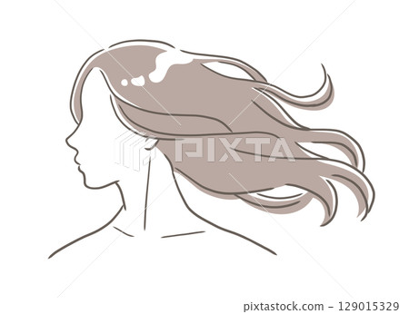 Profile of a woman with beautiful long hair blowing in the wind 129015329