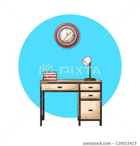 illustration of study desk with books, lamp and clock 129015425