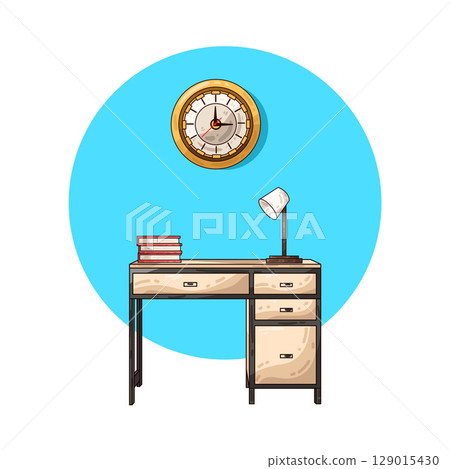 illustration of study desk with books, lamp and clock illustration of study desk with books, lamp and clock 129015430