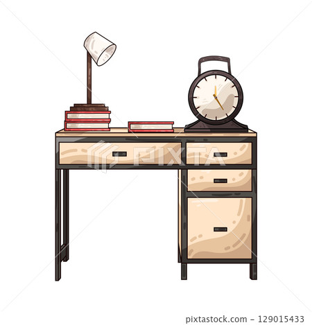 illustration of study desk with books, lamp and clock 129015433