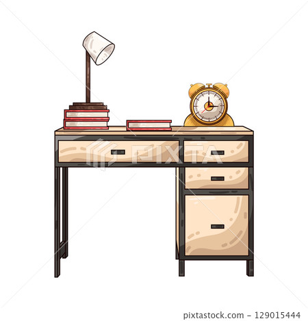 illustration of study desk with books, lamp and clock illustration of study desk with books, lamp and clock 129015444
