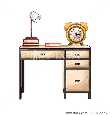 illustration of study desk with books, lamp and clock illustration of study desk with books, lamp and clock 129015447