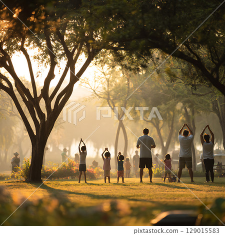 Family and children doing morning exercises in the forest 129015583