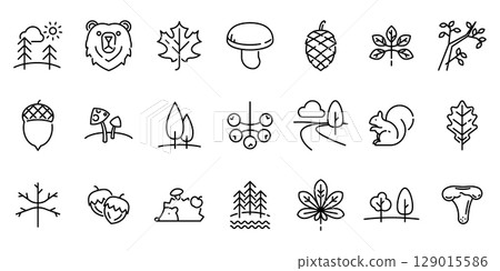 Forest Themed Line Icon Set with Editable Stroke Vector 129015586
