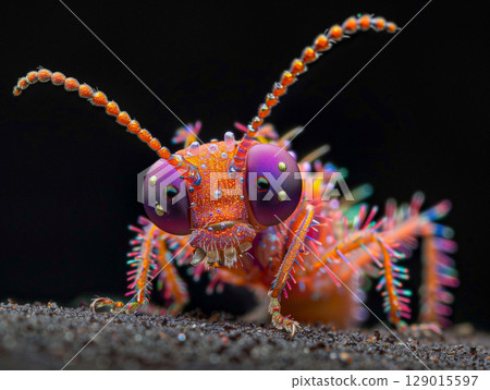 Colorful Macro Photograph of Vibrant Insect on Tree Bark 129015597