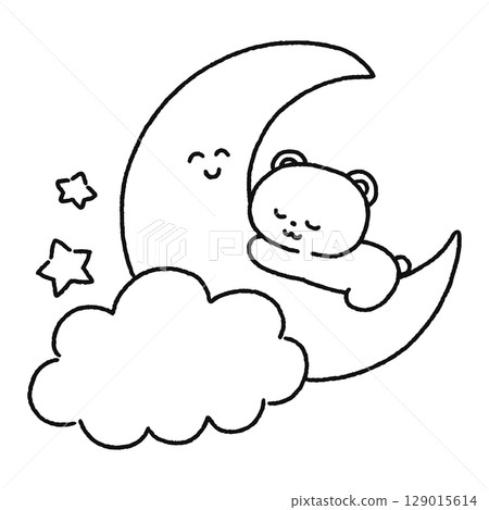 可愛的熊睡在月亮上的線條畫 可愛的熊睡在月亮上的線條畫 129015614