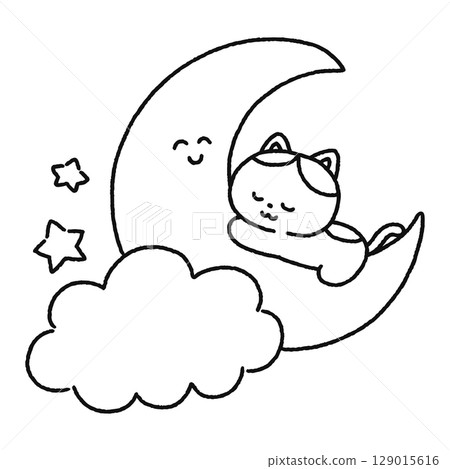 可愛的貓睡在月亮上的線條畫 可愛的貓睡在月亮上的線條畫 129015616