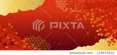 Japanese-style autumn leaves background Autumn design with gold clouds and traditional patterns 129015818