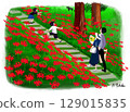 A scene of a family visiting a grave during the equinox 129015835