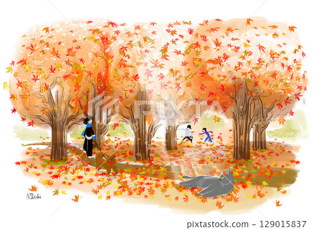 公園裡有美麗的秋葉的插圖 129015837