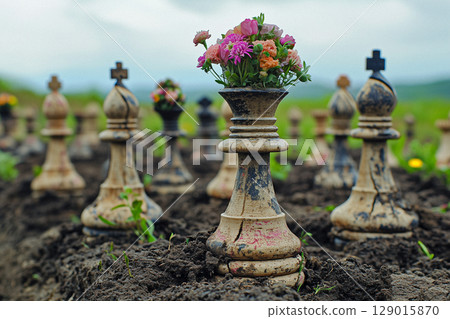 Artistic Composition of Chess Pieces with Flower Crowns in Open Field 129015870
