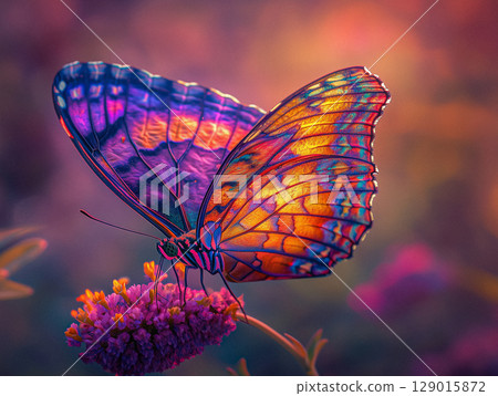 A vibrant AI-generated close-up of a colorful butterfly with intricate patterns on its wings, perched on a bright flower. The vivid colors and details create a striking and beautiful scene. A vibrant AI-generated close-up of a colorful butterfly with intricate patterns on its wings, perched on a bright flower. The vivid colors and details create a striking and beautiful scene. 129015872