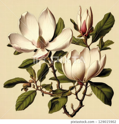 an AI Image Generator, Botanical Illustration of Magnolia Blossoms an AI Image Generator, Botanical Illustration of Magnolia Blossoms 129015902