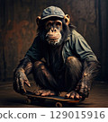 an AI Image Generator, Chimpanzee Wearing a Cap and Jacket Holding 129015916