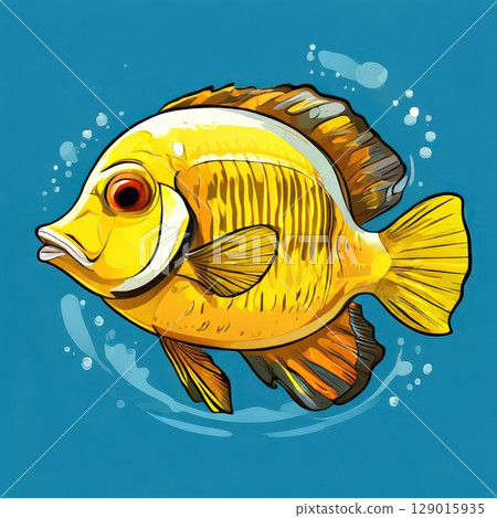 an AI Image Generator, Vivid Illustration of a Yellow Tropical Fish Swimming 129015935