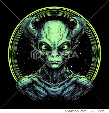 an AI Image Generator, Futuristic Alien Figure with Cosmic Background Elements an AI Image Generator, Futuristic Alien Figure with Cosmic Background Elements 129015949