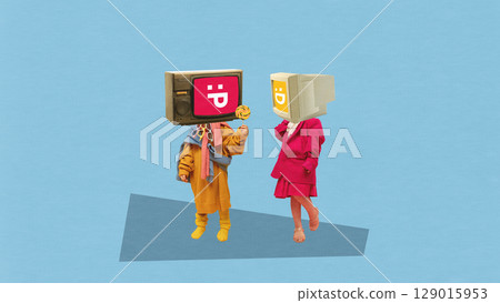 Modern composition of two children with vintage TV heads showing emoticons and holding lollipop Modern composition of two children with vintage TV heads showing emoticons and holding lollipop 129015953