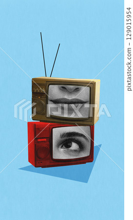 Contemporary collage of stacked vintage TVs showing human eye and lips on blue background Contemporary collage of stacked vintage TVs showing human eye and lips on blue background 129015954
