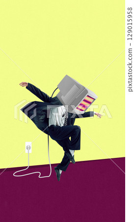 Bright composition of businessman with plugged-in monitor head falling backward in energy jolt 129015958